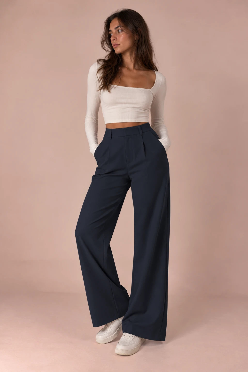 NOVYA high-waisted wide-leg pants – Navy