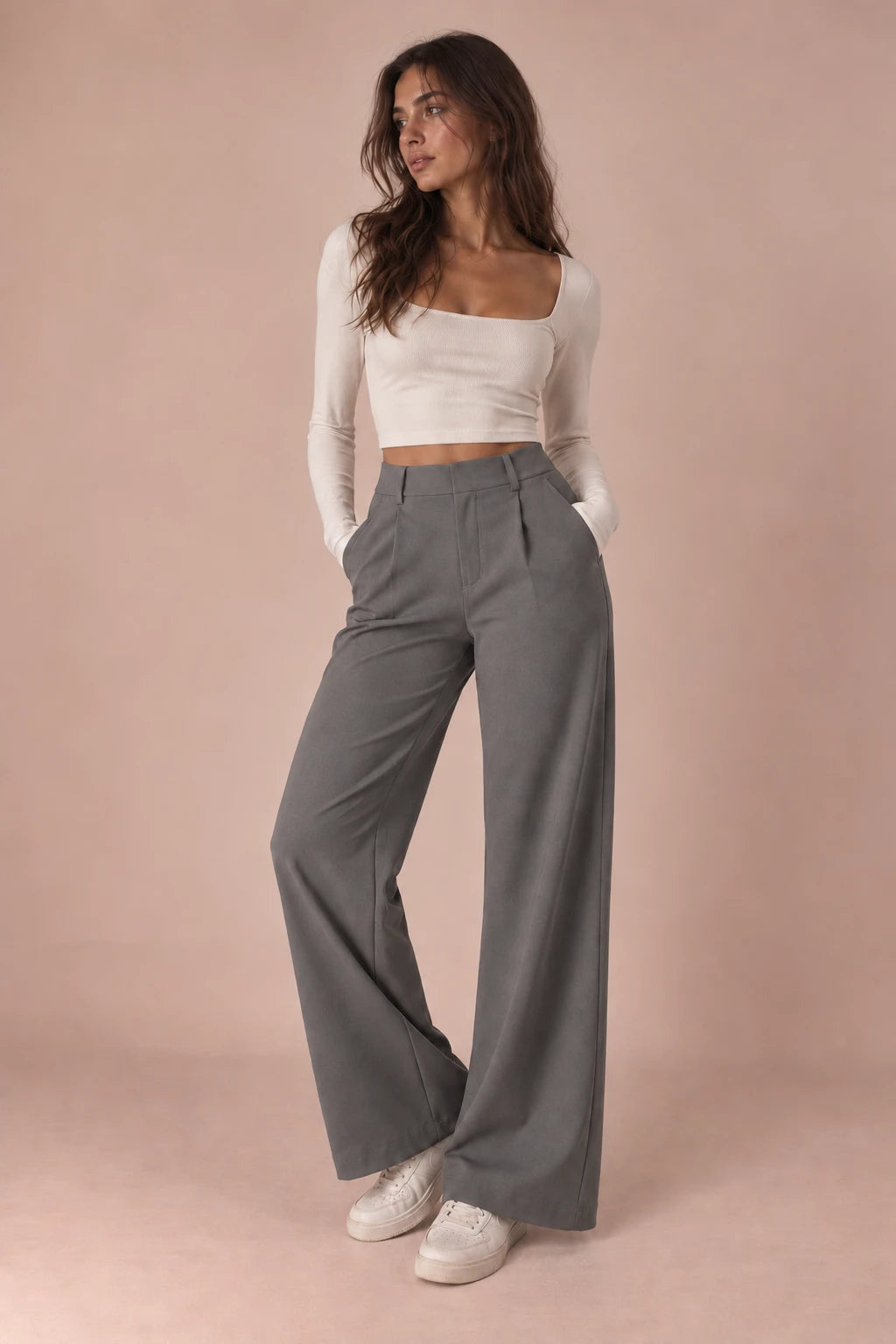 NOVYA high-waisted wide-leg pants – Gray